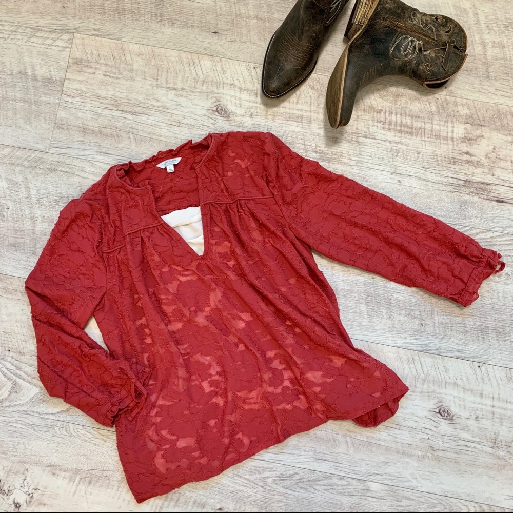 Lucky Brand 3/4 Sleeve Floral Burnout Boho Top, LG